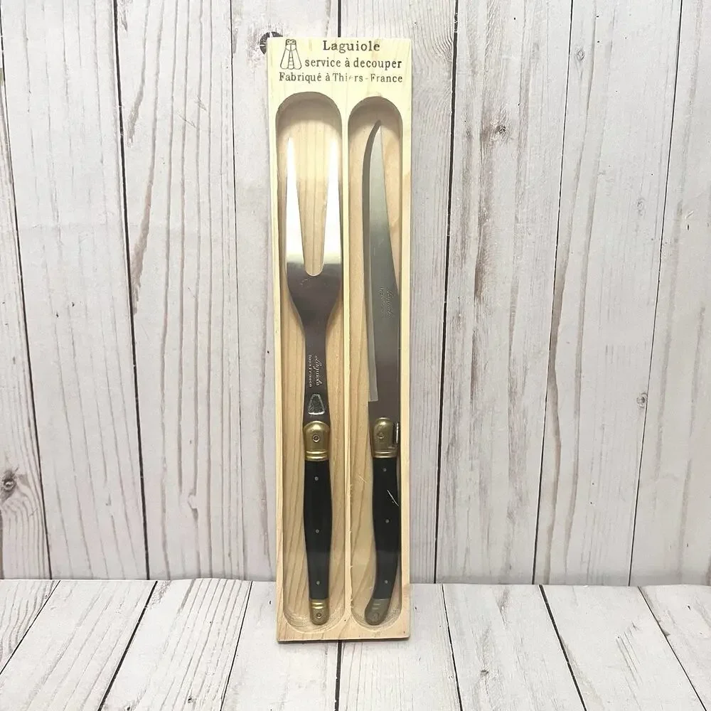 Vintage Laguiole Jean Dubost Fork & Knife CARVING SET Black Handle Bee NEW!!!
